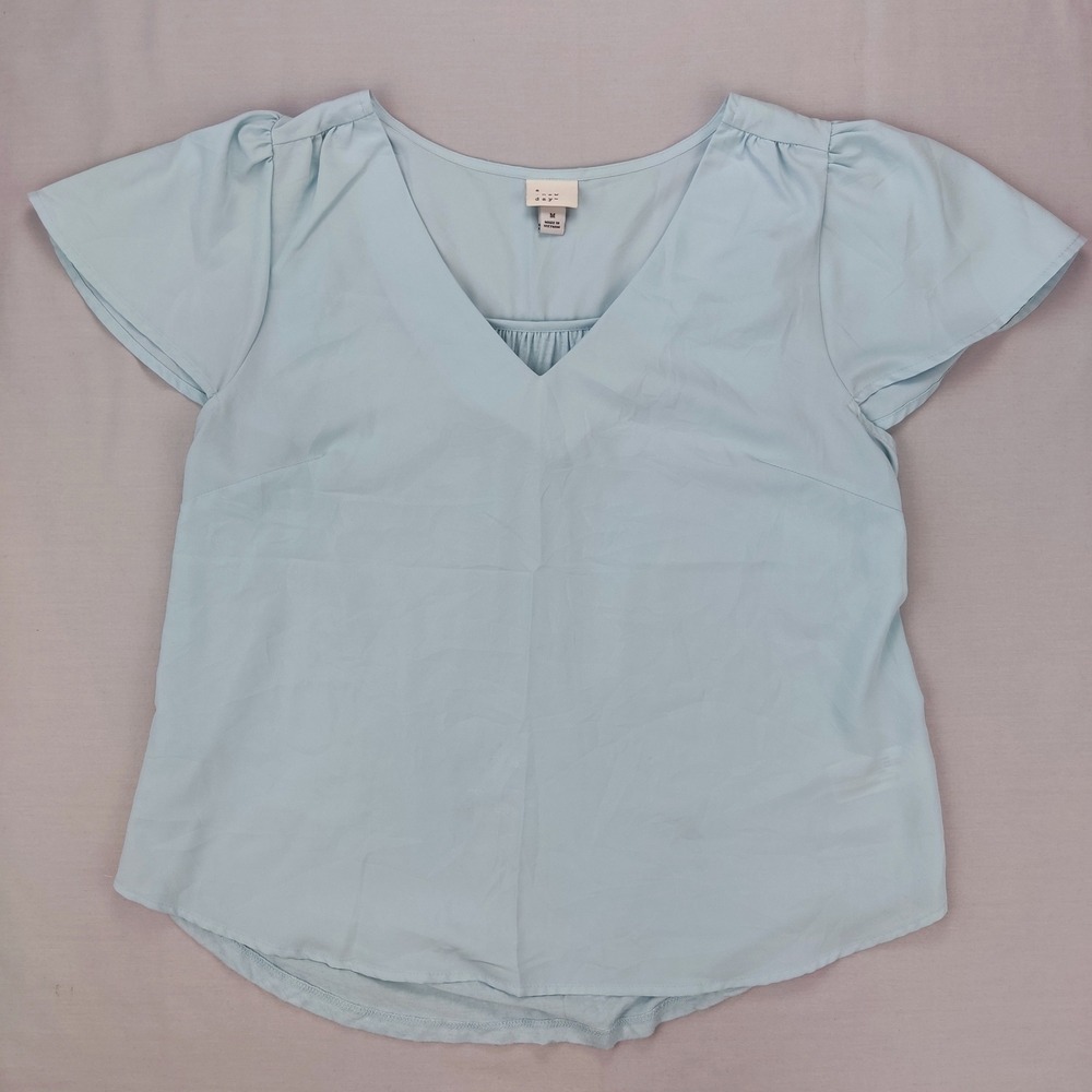 A New Day Blouse Womens Medium Blue Flutter‎ Sleeve V-Neck Mixed Media Knit Back
